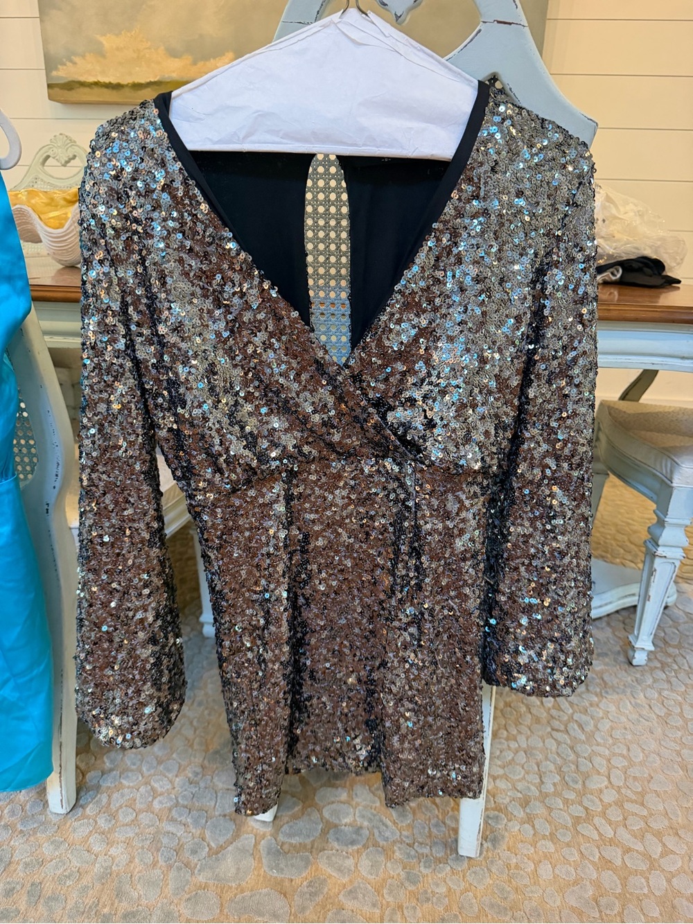 Long Sleeve Sequin Wrap Dress in Bronze